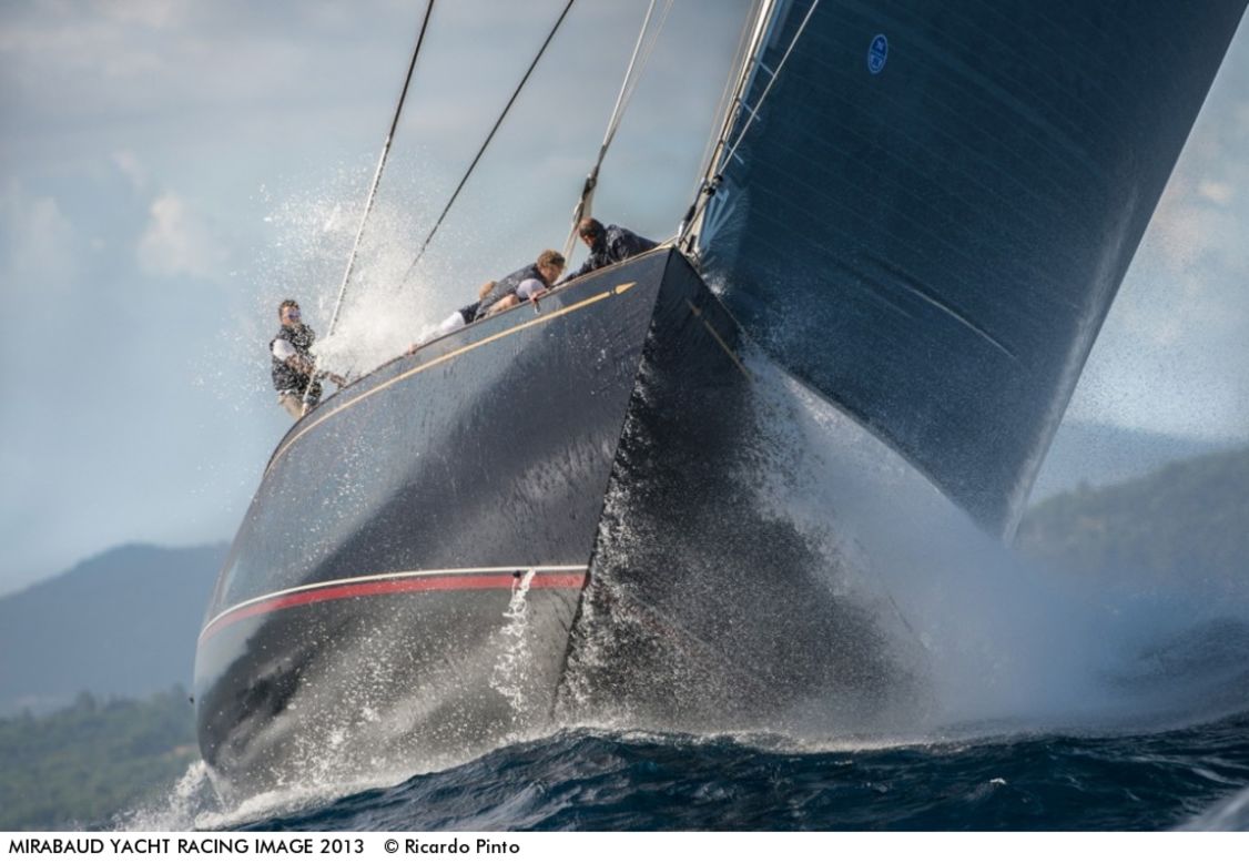 A glorious blue sky is almost entirely filled by this monstrous 129-foot yacht, with its hard-working crew toiling on a big wave on an upwind leg during the Les Voiles de Saint Tropez race, which ended October 6.