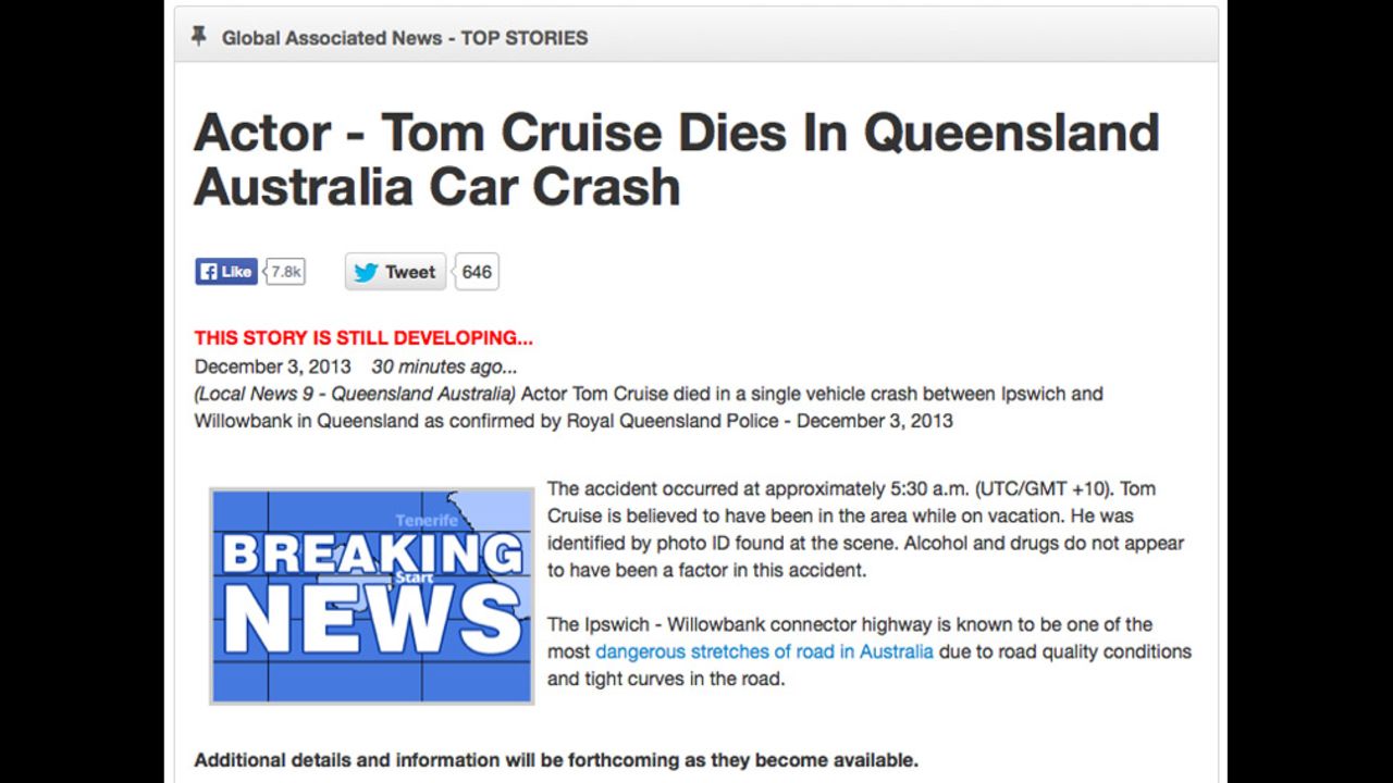 The website fakeawish.com has been at the heart of several celebrity death hoaxes. It lets users insert the names of people, including celebrities, into fake news stories, including this one about a fatal car crash. 