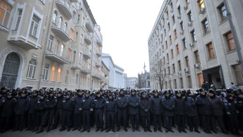 Ukrainian police block the street in front of presidential offices in Kiev on Tuesday.. 