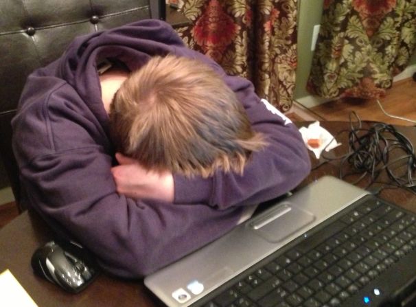 Deborah Zupancic, founder of the site<a href="http://parentingrenewed.com/" target="_blank" target="_blank"> Parenting Renewed</a>, shared a photo of her son, a high school junior, who fell asleep at the dining room table while doing his homework. She says: "Communication between parent and teen is crucial. These kids need to be taught how to navigate through stressful situations, so they bring these tools into adulthood."