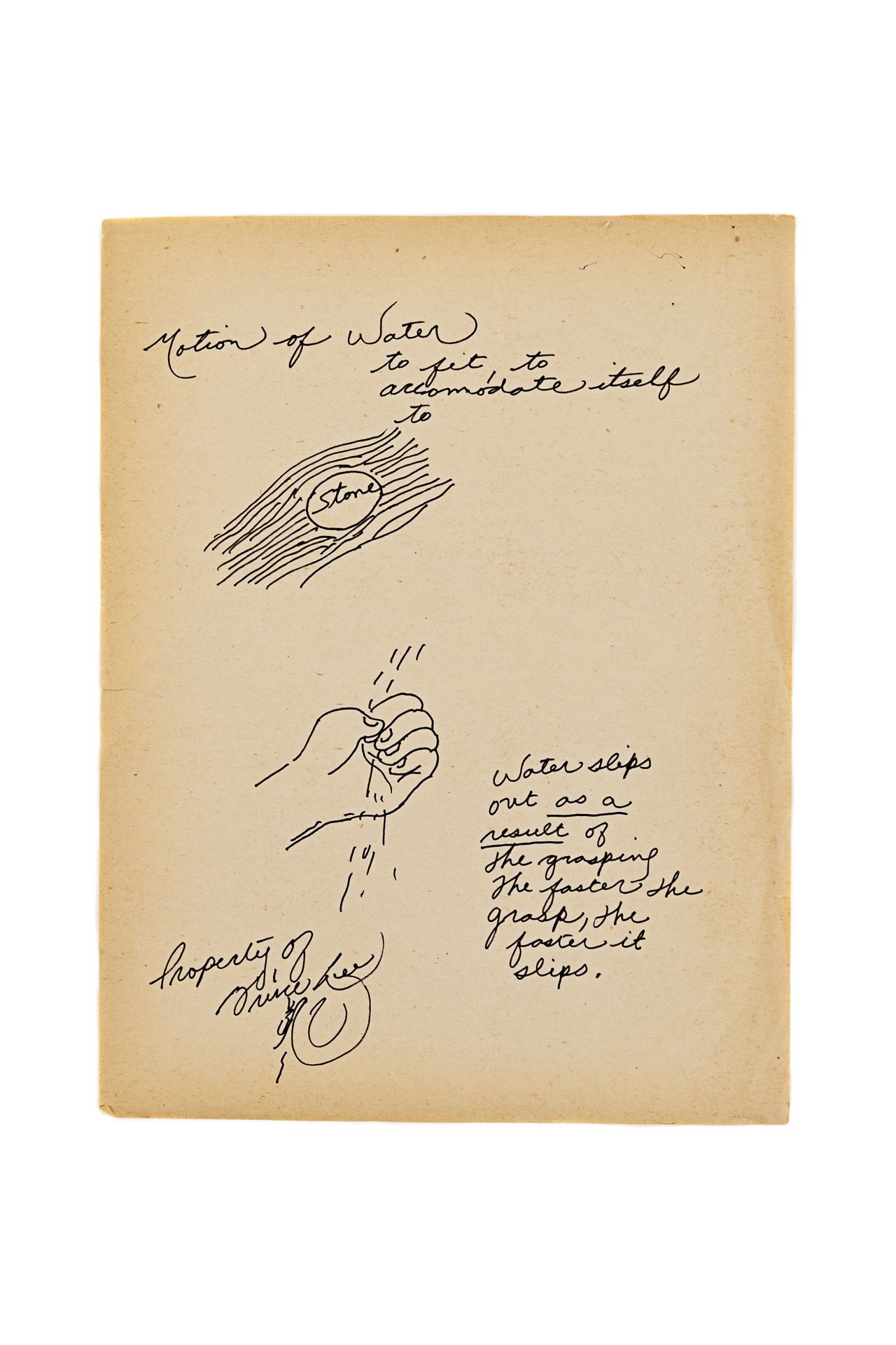 Water's fluid and adaptable properties inspired Lee's martial arts philosophy. This hand-drawn illustration by the action star reads: "Motion of water / to fit, to accommodate (sic) itself to stone. Water slips out as a result of the grasping / the faster the grasp, the faster it slips."