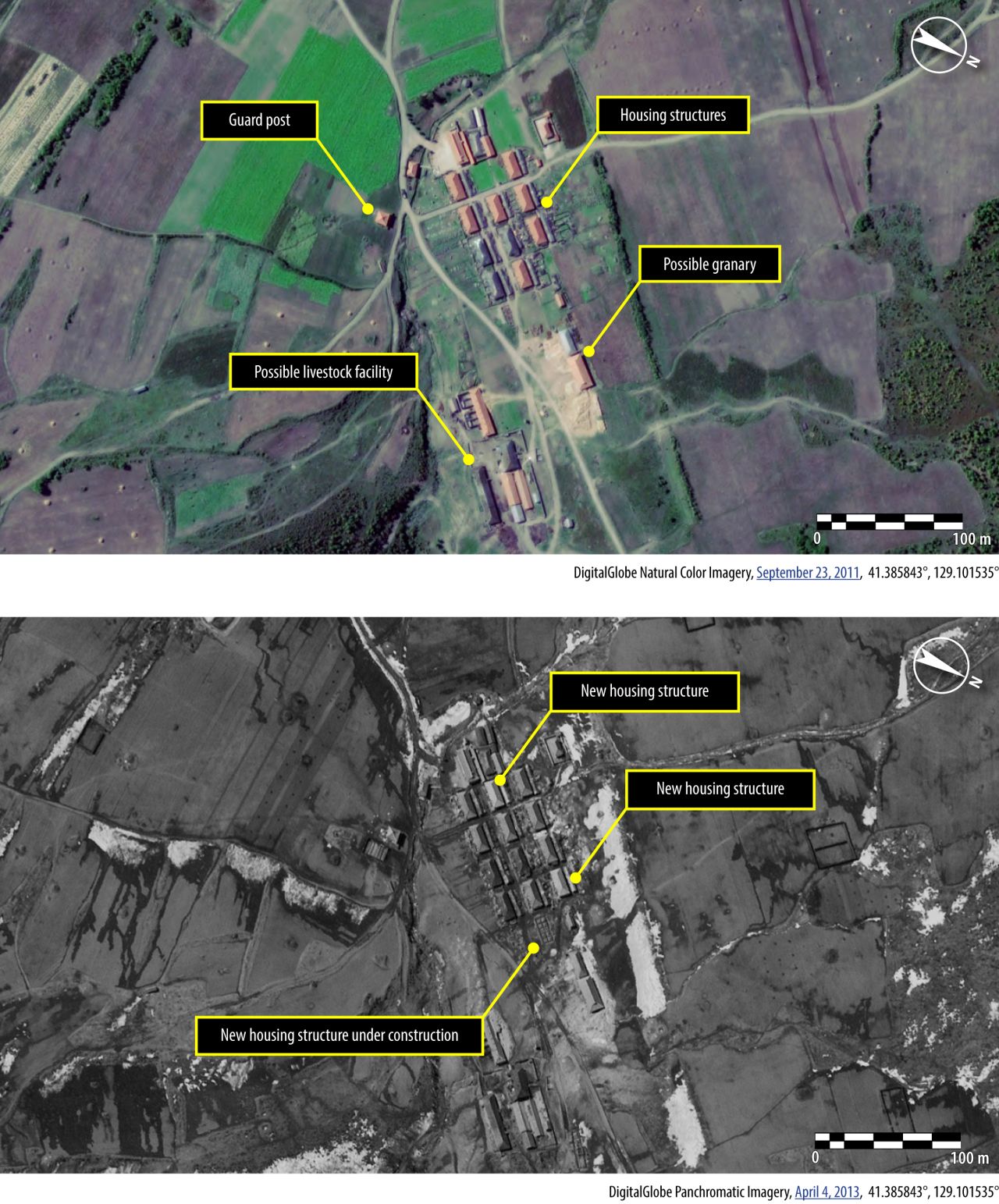Una imagen de satélite de un pueblo en el área norte del campo político 16 (Kwanliso) en Corea del Norte, tomada en septiembre de 2011.