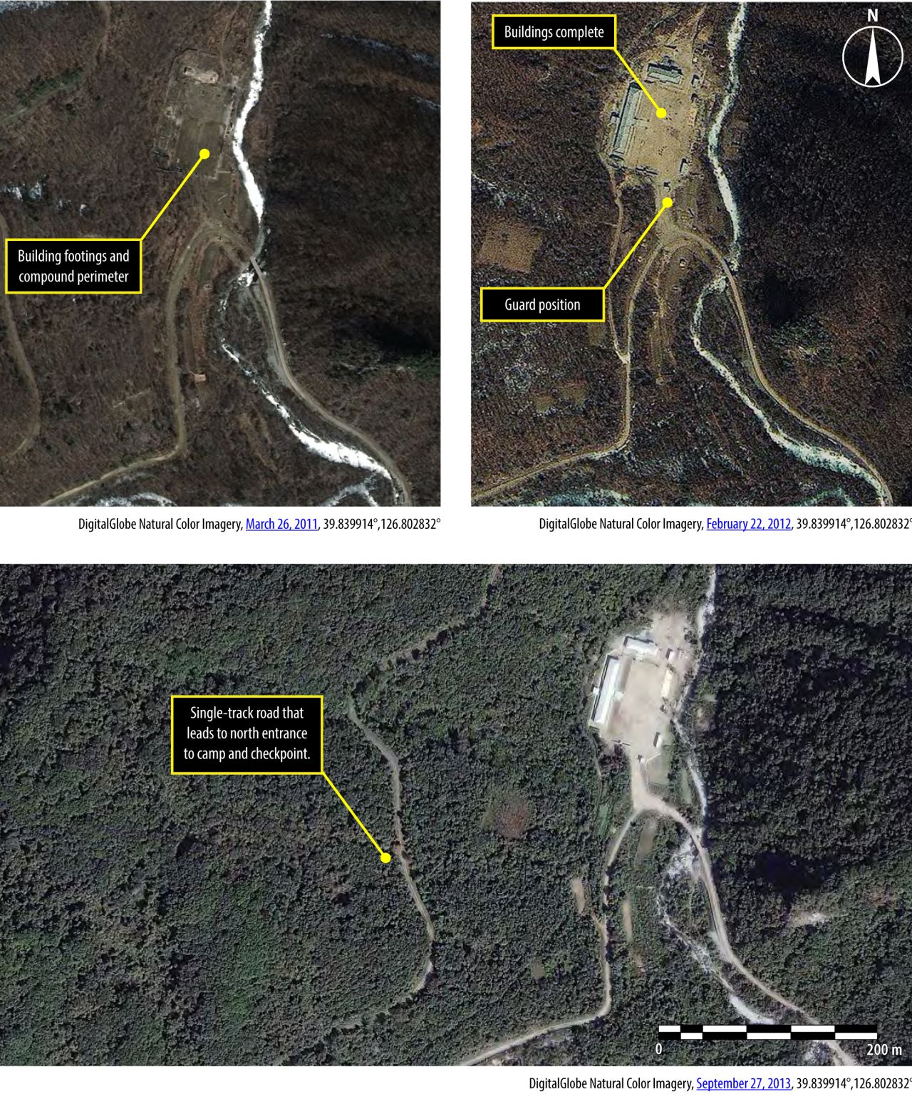 Las imágenes de satélite de Kwanliso 15 (Yodok Kwanliso), tomadas el 26 de marzo de 2011 y el 22 de febrero de 2012, muestran un complejo administrativo construido durante ese período. El complejo probablemente es una estación de guardia o un área administrativa para dar apoyo a las actividades de tala.