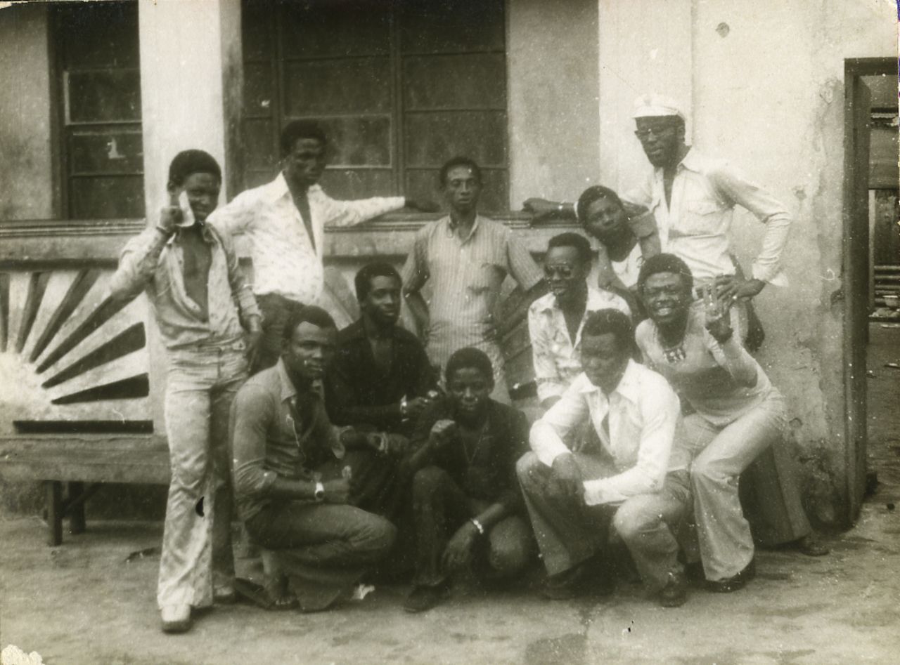 Allen (middle left) and other musicians with some of the "area boys" at Kalakuta in 1976,