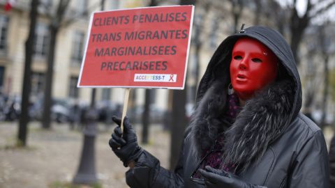 People demonstrate on November 29 in Paris against a bill that would punish those who use prostitutes. 