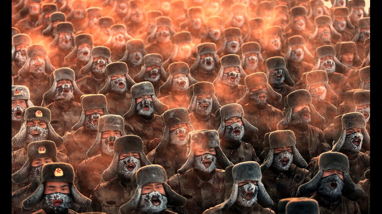 <strong>January 29:</strong> A military regiment in China's Heilongjiang province takes part in a morning exercise as temperatures dip to minus 30 degrees Celsius (minus 22 degrees Fahrenheit).