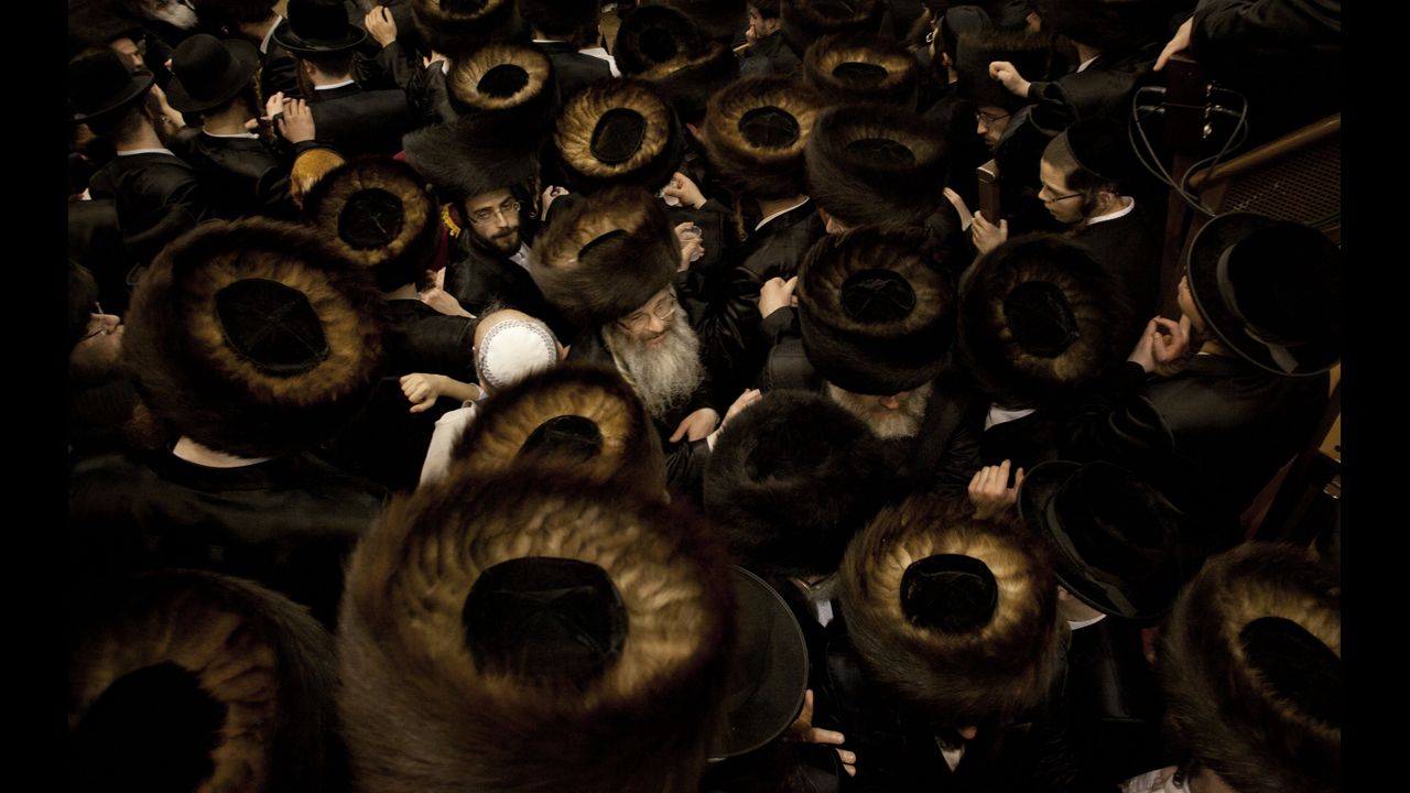 <strong>February 25:</strong> Ultra-Orthodox Jewish men gather at a yeshiva in Jerusalem during the Purim holiday.