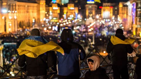 Protesters look out over an anti-government rally in Independence Square on Tuesday in Kiev, Ukraine.