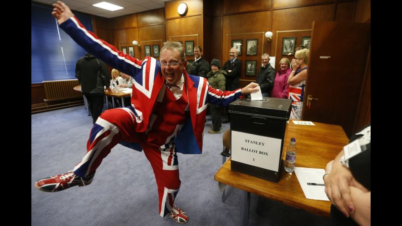 <strong>March 10:</strong> A man wearing a Union flag suit dances as he casts his vote on whether the Falkland Islands should remain a British territory. Residents of the islands, which Argentina calls the Malvinas, voted to remain under British rule.
