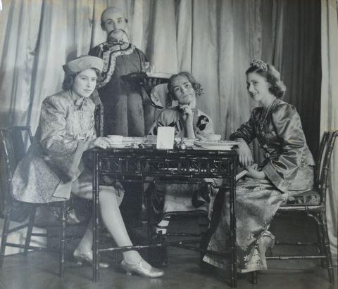 Princess Elizabeth (L) with Cyril Woods (C) and Princess Margaret (R) in Aladdin.