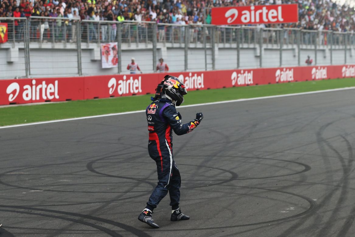 There were solo celebrations for Vettel at the 2013 Indian Grand Prix as another victory clinched his fourth straight world title with the supreme Red Bull team. The 26-year-old is tipped to one day surpass Schumacher as the sport's most decorated driver.
