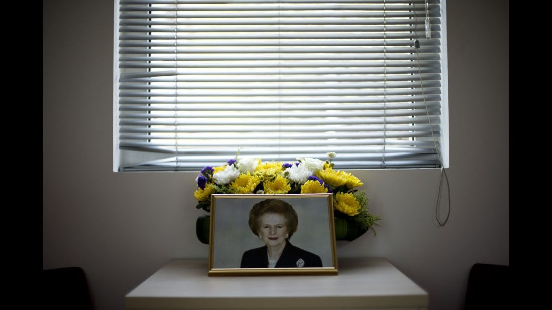 <strong>April 9:</strong> A portrait of former British Prime Minister Margaret Thatcher is arranged in a condolence room at the British Embassy in Beijing. Thatcher died the day before at the age of 87.