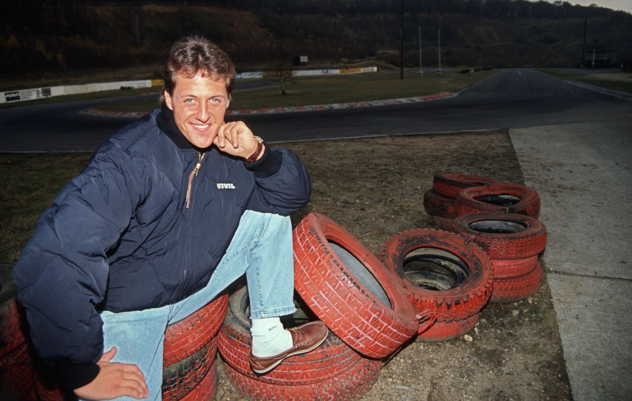 Schumacher made his F1 debut in 1991. Shortly after making his bow, the German posed for this photograph at the go-kart circuit in his hometown of Kerpen where he began his racing career.