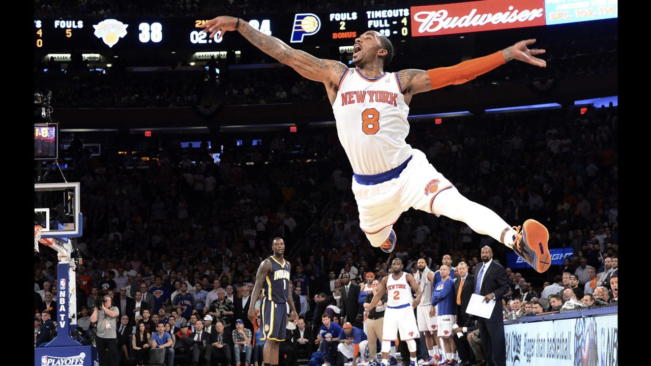 New York Knicks shooting guard J.R. Smith takes a shot against the Indiana Pacers in the final second of the first half of their NBA Eastern Conference Semifinal game at Madison Square Garden in New York on May 16. The Knicks won 85-75.