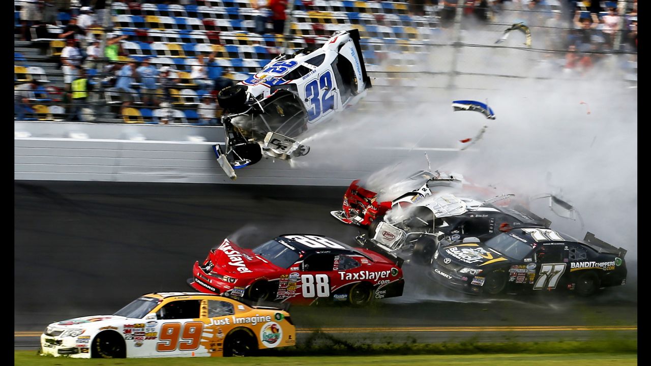 Kyle Larson, driver of the No. 32 Clorox Chevrolet, is involved in a crash at the finish of the NASCAR Nationwide Series DRIVE4COPD 300 on February 23 at the Daytona International Speedway in Daytona Beach, Florida. Several spectators were injured in the crash. Larson walked away from the crash, and he and the other nine drivers involved told reporters that they were checked at a medical tent and released.