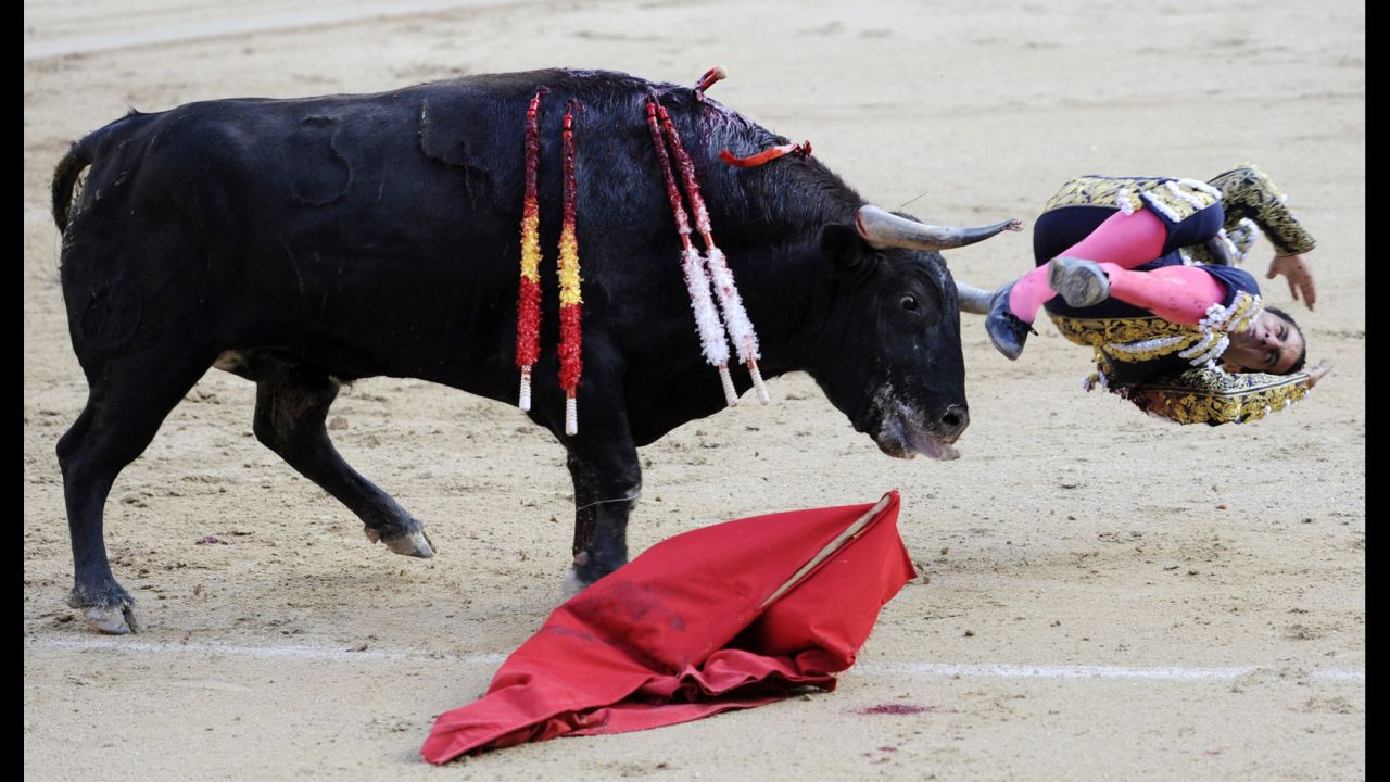 Ivan Fandino is gored by a bull on May 22 at Plaza de Toros de Las Ventas in Madrid.