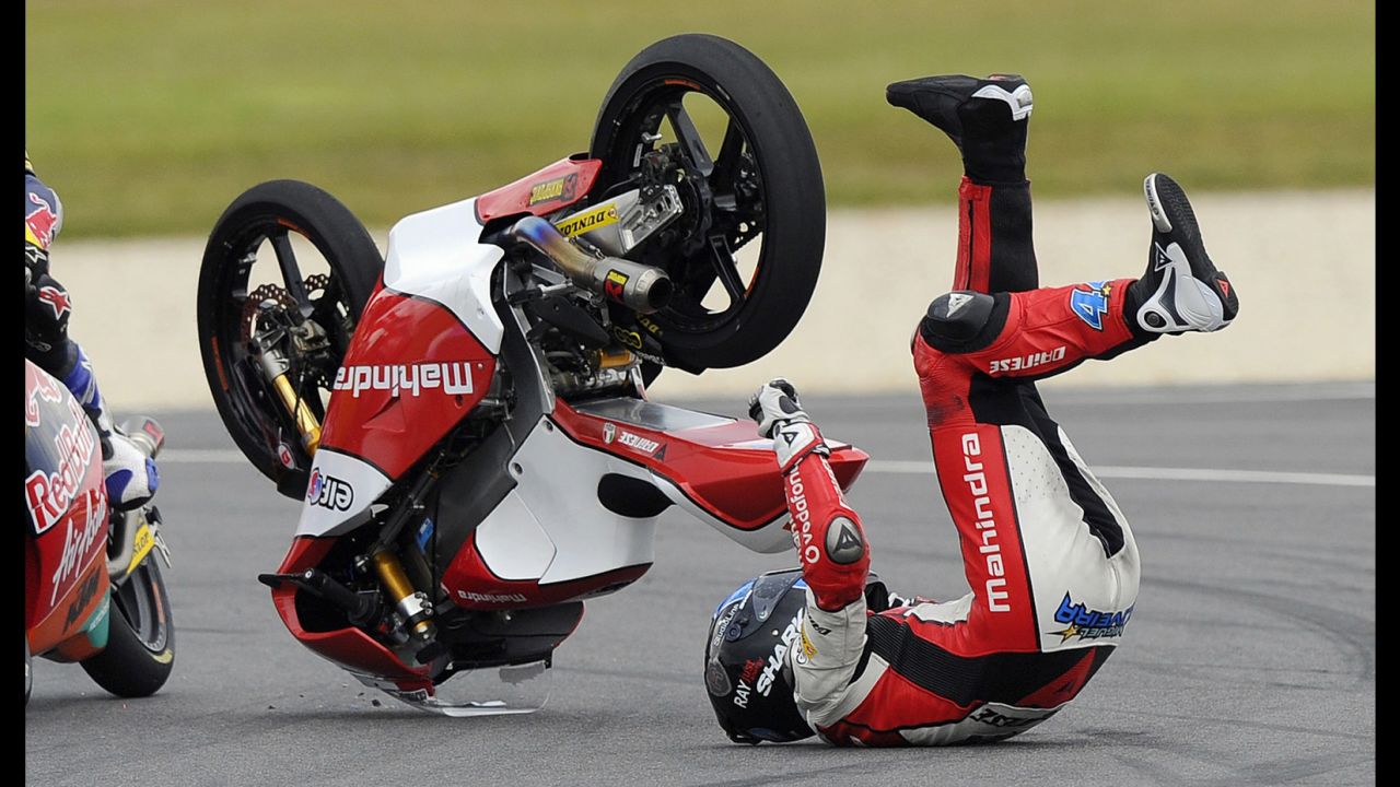 Miguel Oliveira of Portugal crashes during the Moto3 race at the Australian Motorcycle Grand Prix on October 20 in Phillip Island, Australia.