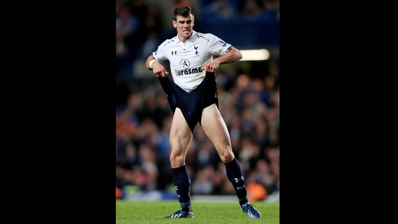 Gareth Bale of the Spurs reacts during a Barclays Premier League match between Chelsea and Tottenham Hotspur at Stamford Bridge in London on May 8. In September, Bale moved to Real Madrid for a transfer fee of 91 million euros ($123 million U.S.), according to the club. His fee was initially reported to be as much as 100 million euros, which would have been a world record.