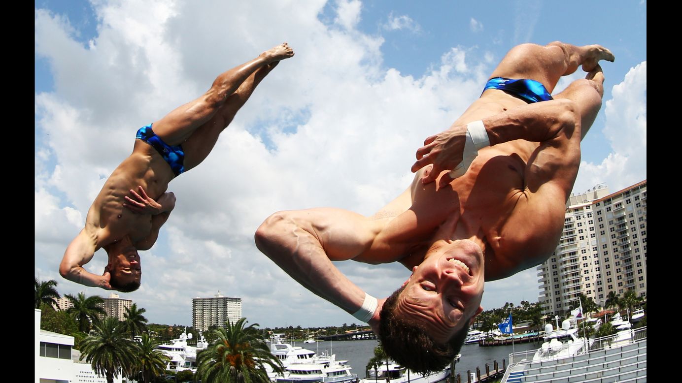 Patrick Hausding and Sascha Klein of Germany dive during the Men's 10-meter Platform Synchronized Finals on May 12 in Fort Lauderdale, Florida.