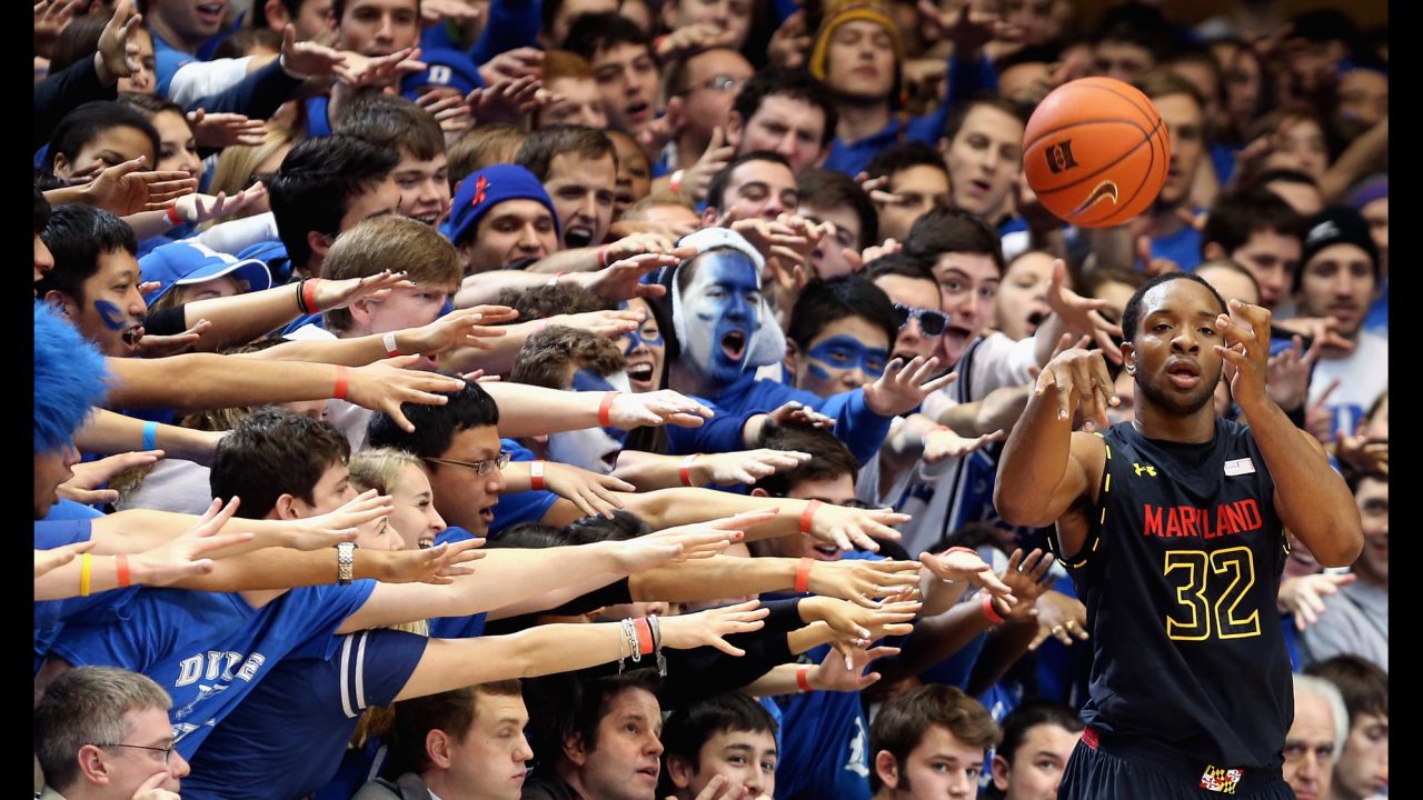 Dez Wells of the Maryland Terrapins looks to throw the ball inbounds during a game against the Duke Blue Devils in Durham, North Carolina, on January 26. Duke won 84-64.