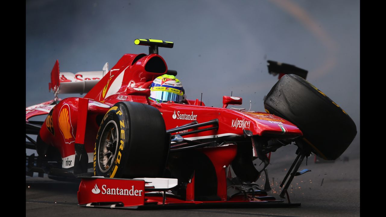 Brazilian Formula One driver Felipe Massa of Scuderia Ferrari crashes at St. Devote during the final practice session before qualifying for the Monaco Formula One Grand Prix at the Circuit de Monaco in Monte-Carlo on May 25.
