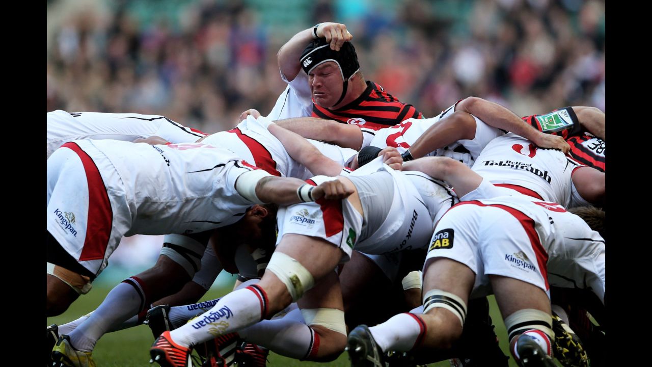 Prop Matt Stevens of Saracens pops out of the top of a scrum during the Heineken Cup quarterfinal match against Ulster on April 6 at Twickenham Stadium in London.