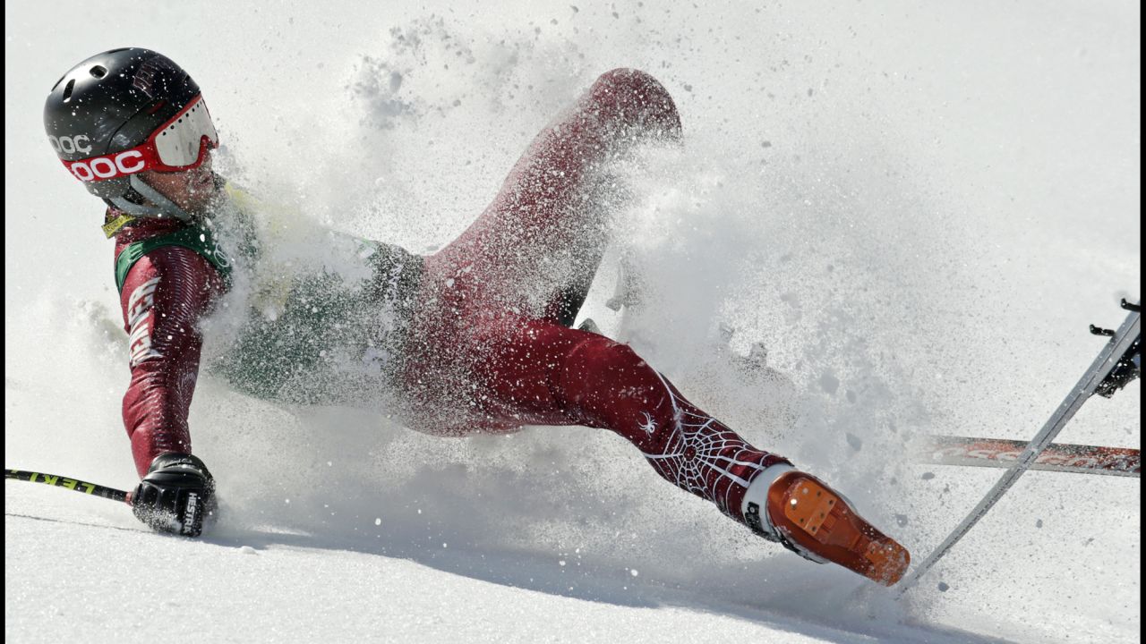 Grant Jampolsky of Squaw Valley, California, crashes during the men's super-G race at the U.S. Alpine Ski Championships in Squaw Valley on March 22.