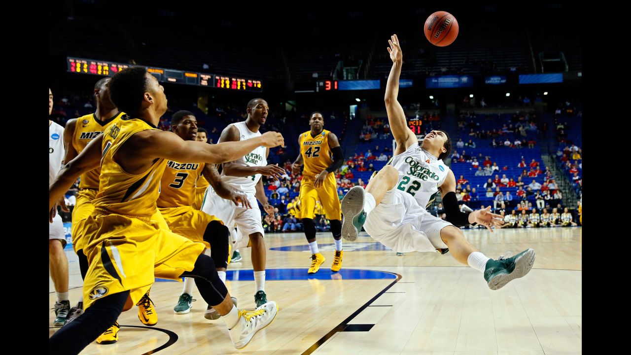 Dorian Green of the Colorado State Rams loses his balance after drawing contact against the Missouri Tigers during the second round of the 2013 NCAA Men's Basketball Tournament at the Rupp Arena in Lexington, Kentucky, on March 21. Colorado State won 84-72.