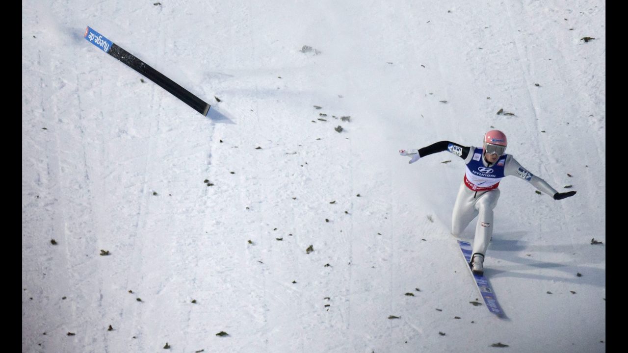 Manuel Fettner of Austria loses a ski after landing during the ski jumping large hill team competition at the FIS Nordic Skiing World Championships on March 2 in Predazzo, Italy.
