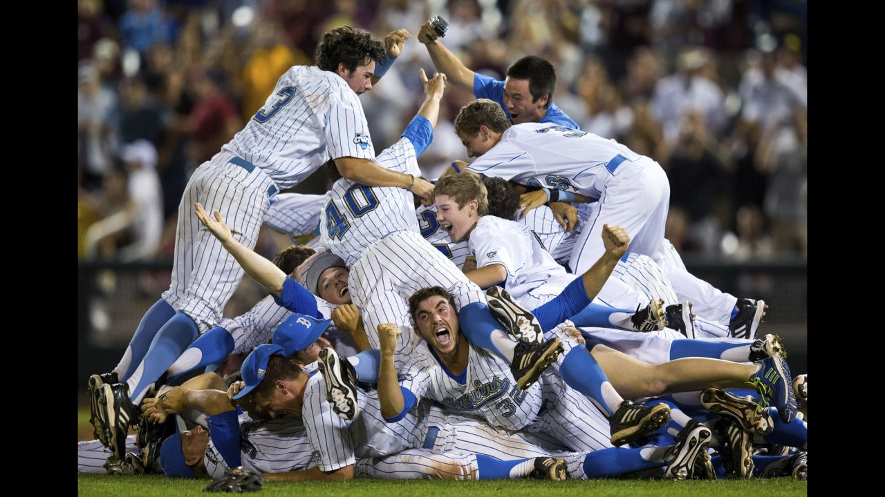 UCLA celebrates after defeating Mississippi State 8-0 in Game 2 to win the championship in the NCAA College World Series on June 25 in Omaha, Nebraska.