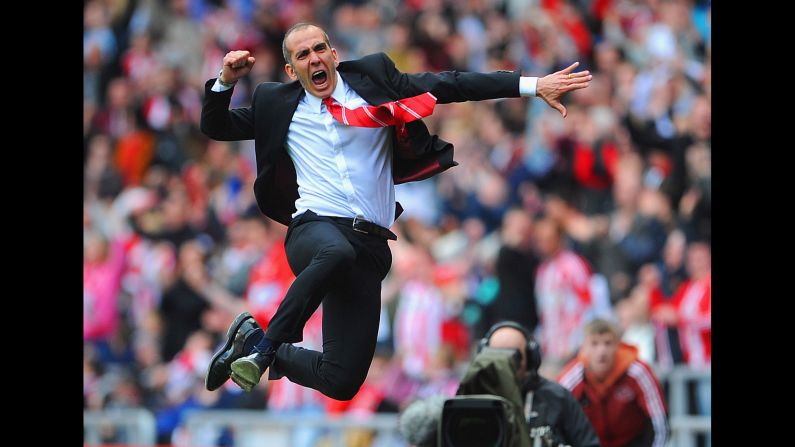 Sunderland manager Paolo Di Canio celebrates after his team defeats Everton in a Barclays Premier League match on April 20 at the Stadium of Light in Sunderland, England. Sunderland won only three of 13 games under Di Canio's leadership, and he was fired on September 22.