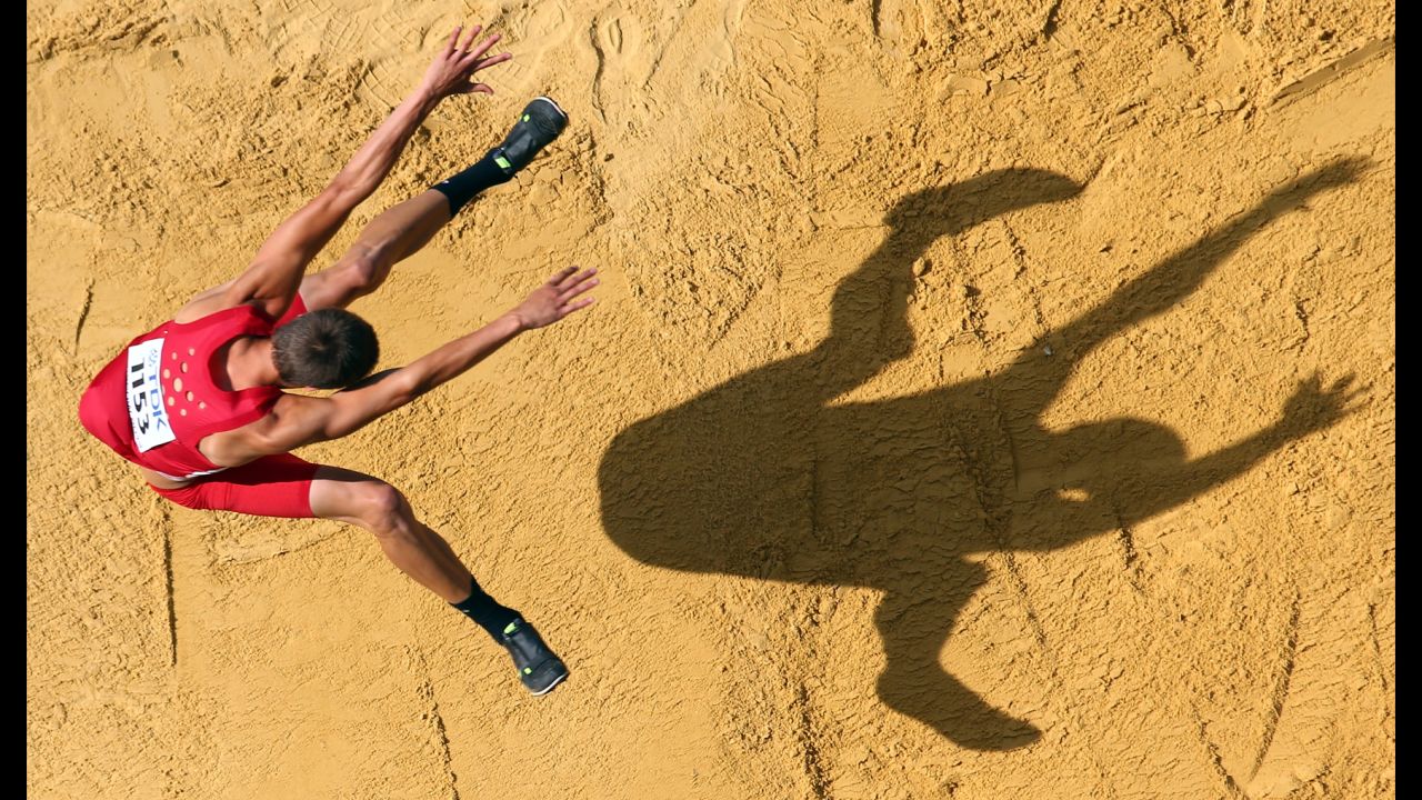 Gunnar Nixon of the United States competes in the men's decathlon long jump on day one of the IAAF World Athletics Championships on August 10 in Moscow.