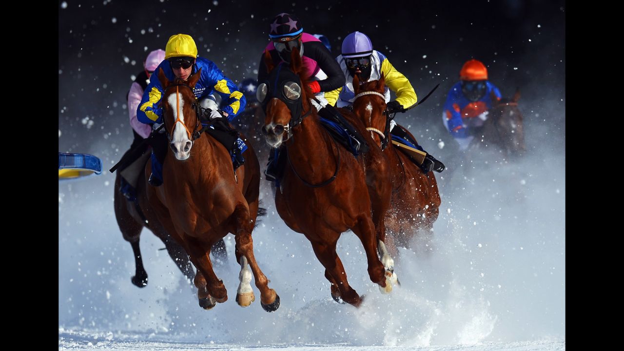 Tepmokea, ridden by Shane Kelly, leads the field into the final turn during the Grand Prix Guardaval Immobilien race at the White Turf horseracing meeting on the frozen Lake St. Moritz on February 3 in St. Moritz, Switzerland.