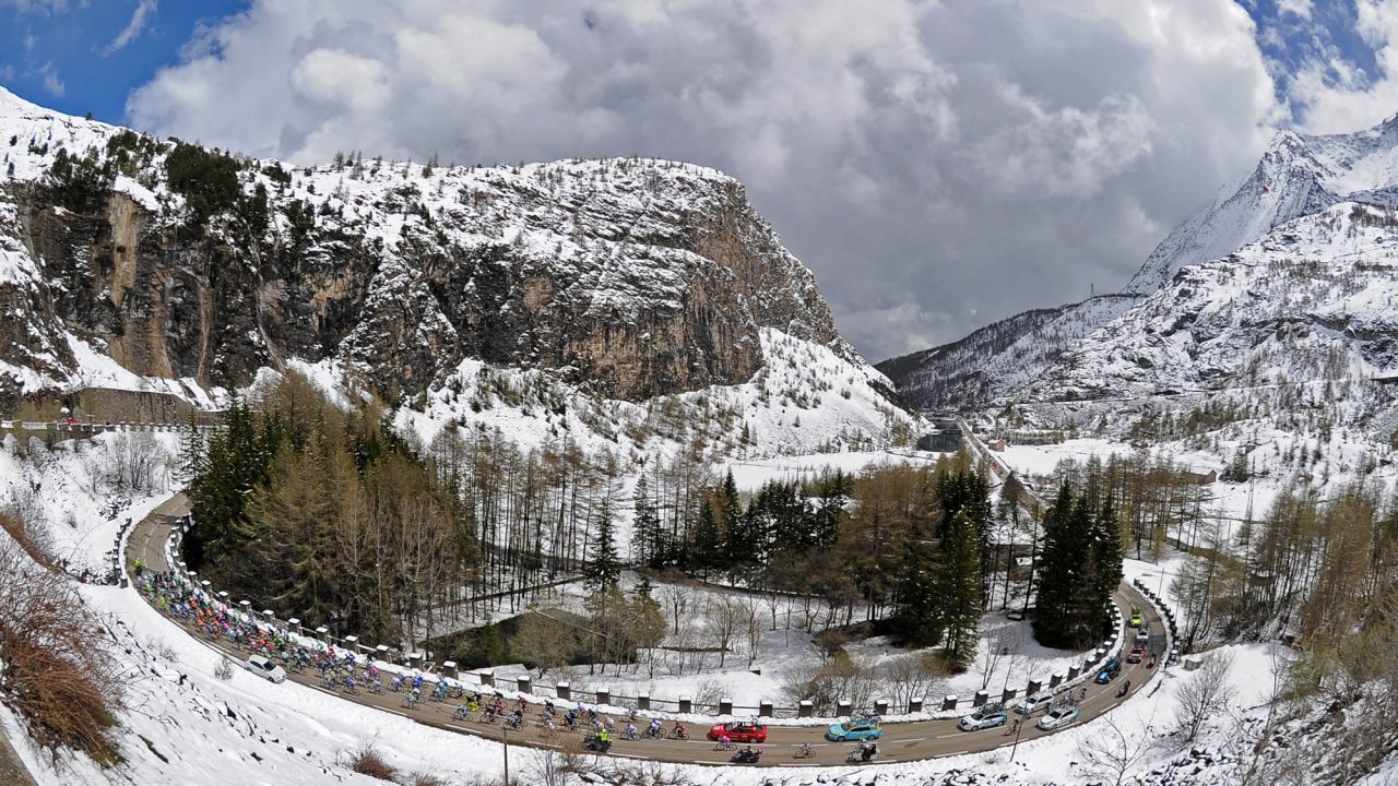 Cyclists compete in the 15th stage of the Giro d'Italia on May 19, as seen through a wide angle lens. The race started in Naples and finished in Brescia and was won by Vincenzo Nibali.