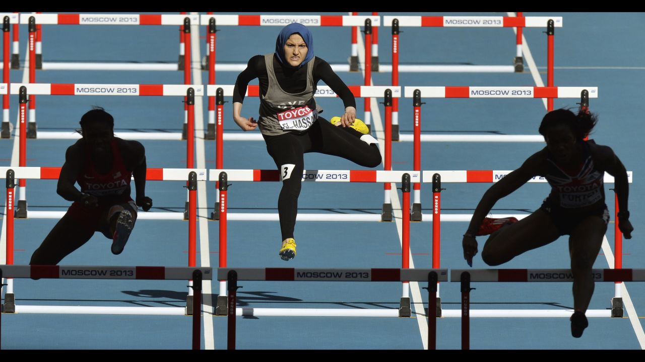 Egypt's Salma Emam Abou El-Hassan competes in a women's 100-meter hurdles heat at the World Athletics Championships on August 16 in Moscow.