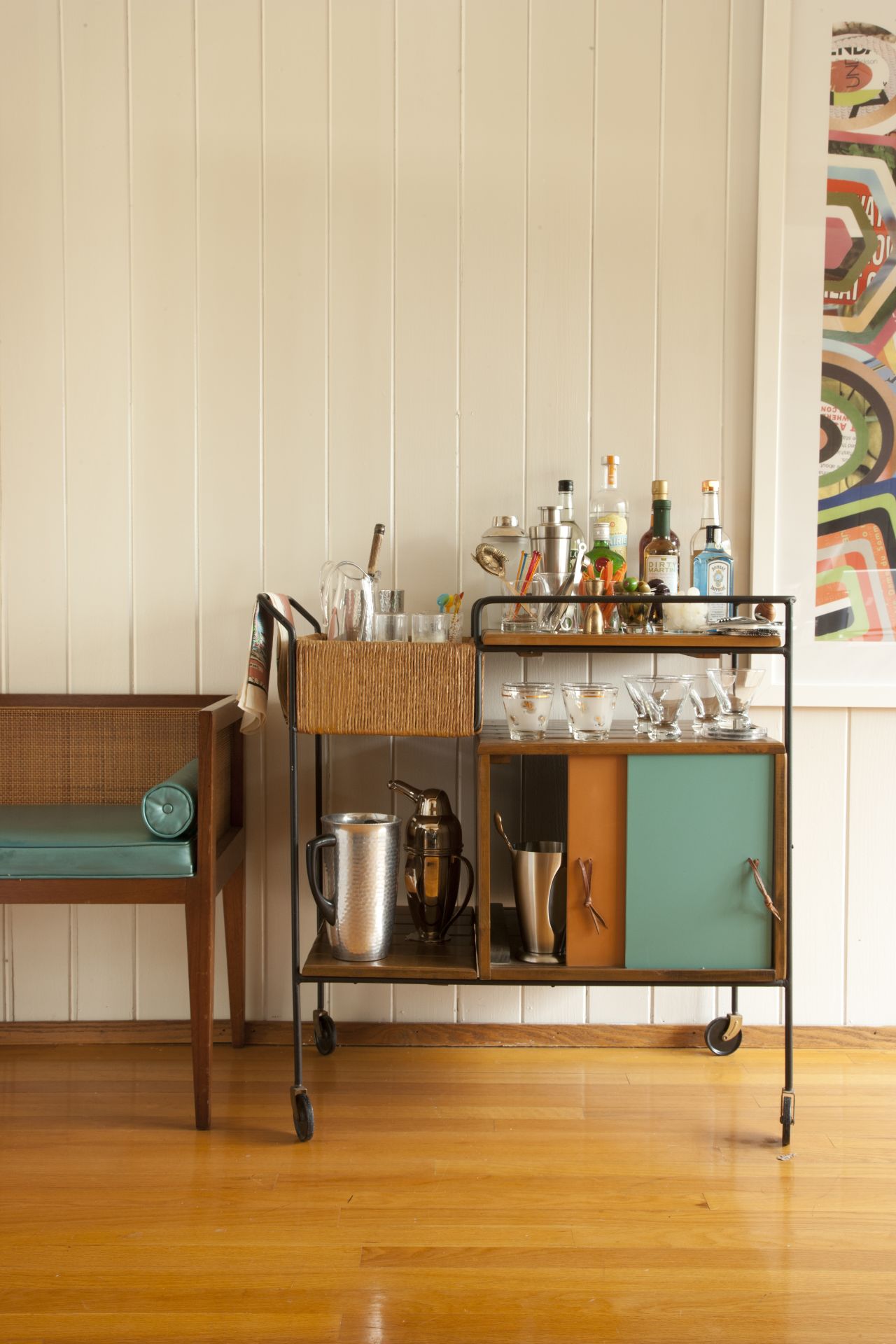 This bar cart, featured in the current issue of Southern Living, has mid-century modern flair.