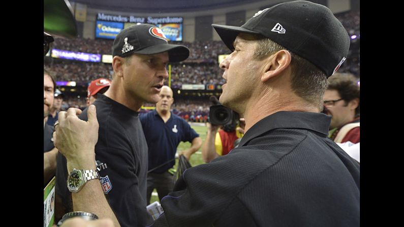<strong>February 3: </strong>Baltimore Ravens head coach John Harbaugh, right, greets his brother, San Francisco 49ers head coach Jim Harbaugh, after the Ravens won Super Bowl XLVII in New Orleans.