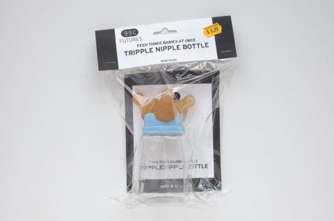 The designers used a combination of expert forecasts and crowd sourcing to create their products, ranging anywhere from 10 to 10,000 years in the future. As this label says: "The successful woman who put her career first now has a family thanks to advancements in fertility technologies. Tripple Nipple Baby Bottle allows moms to feed more than two mouths at once."