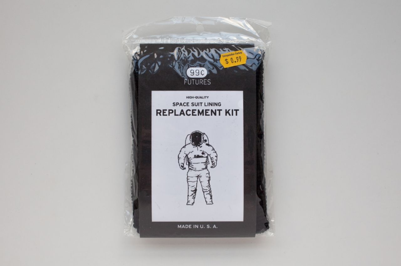 The designers asked members of the public to read expert predictions for the future, and then come up with their own stories for products, such as this Space Suit Lining Replacement Kit: "It's been at least three years since I last went in to space. I checked the old space suit and transgenic moths had eaten all of the lining in the helmet." 