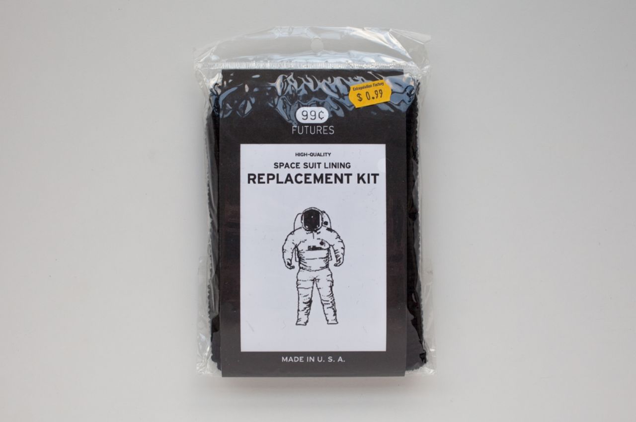 The designers asked members of the public to read expert predictions for the future, and then come up with their own stories for products, such as this Space Suit Lining Replacement Kit: "It's been at least three years since I last went in to space. I checked the old space suit and transgenic moths had eaten all of the lining in the helmet."