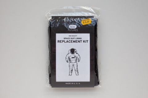 The designers asked members of the public to read expert predictions for the future, and then come up with their own stories for products, such as this Space Suit Lining Replacement Kit: "It's been at least three years since I last went in to space. I checked the old space suit and transgenic moths had eaten all of the lining in the helmet." 