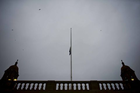The South African flag is flown at half-staff at the Union Buildings on December 6 in Pretoria, South Africa.