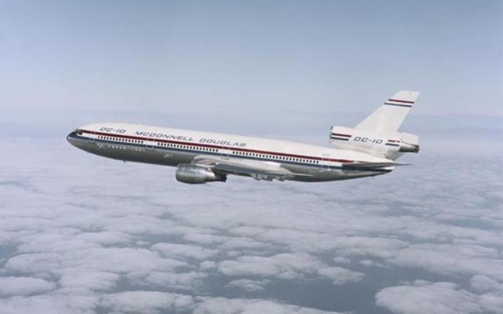 The DC-10 was Douglas' answer to the Jumbo Jet. It has a signature three-engine configuration -- one below the tail and the other two in under-wing pods.