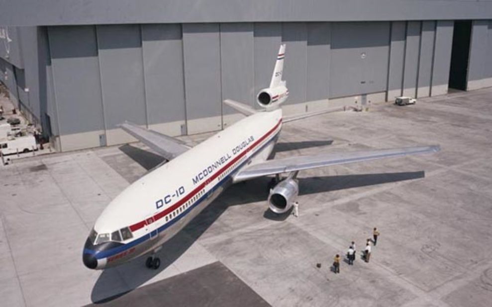 The DC-10 rolled out in Long Beach, California. Its wide cabin gave it a passenger capacity up to 380, depending upon seating configuration.