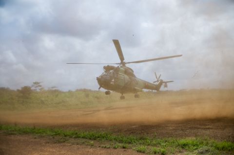 A French helicopter lands at a base camp in Cameroon on Friday, December 6.