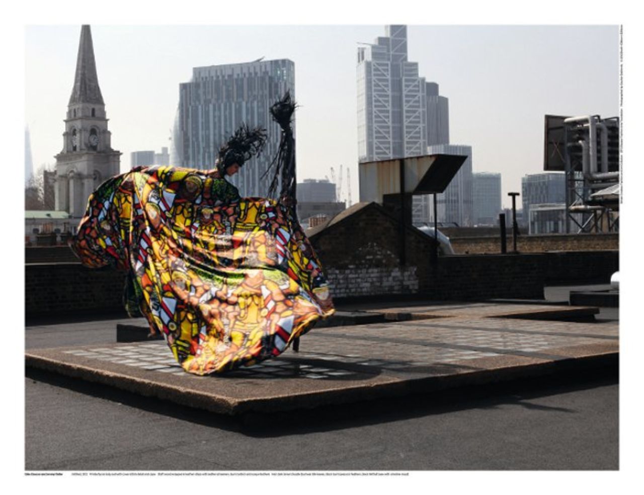 In 2012 designer Giles Deacon and artist Jeremy Deller collaborated on a one-off piece which was displayed at the Victoria & Albert Museum in London. It was part of Britain Creates 2012:Fashion + Art Collusion, an initiative of the Fashion Arts Foundation set up to foster creative links between fashion and art.