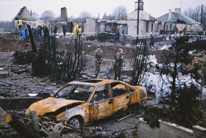 The plane crashed in Lockerbie 38 minutes after taking off from London. Two Libyans -- Abdel Baset Ali Mohmed al Megrahi and Al Amin Khalifah Fhimah -- were tried for the bombing. Al Megrahi was found guilty in 2001 and sentenced to at least 27 years in prison. Fhimah was found not guilty.
