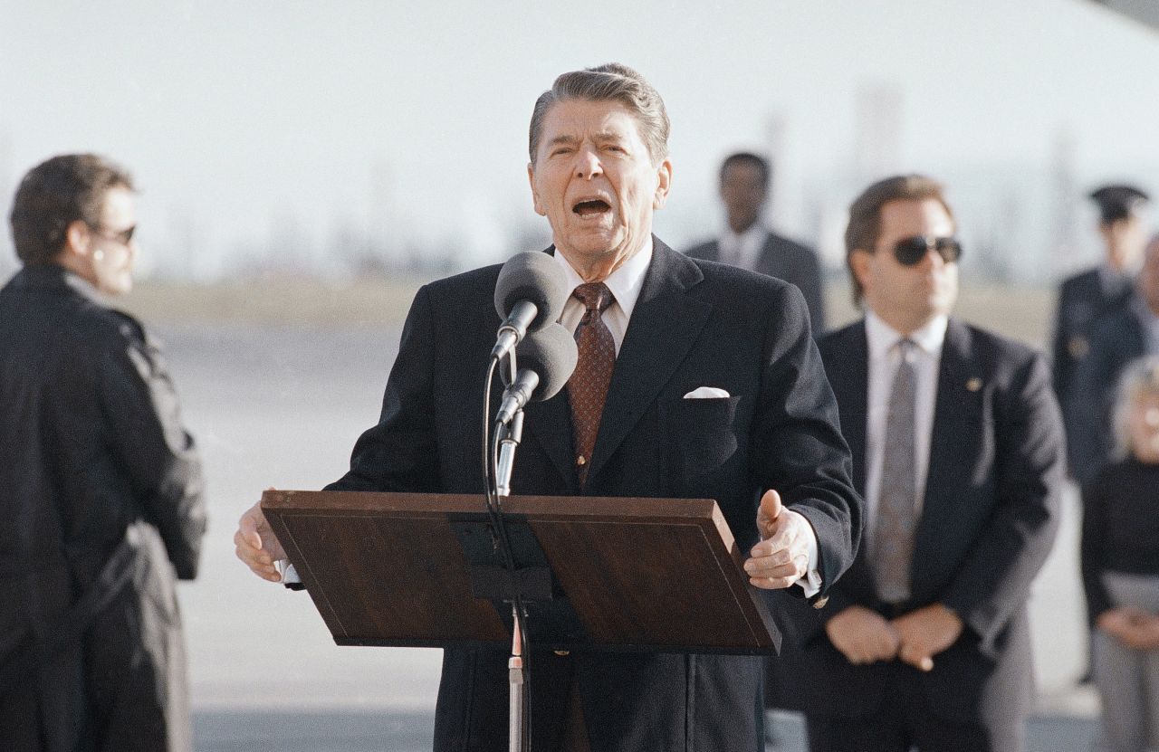 U.S. President Ronald Reagan pauses at Los Angeles International Airport to comment on the explosion. In 1992, the United Nations Security Council imposed sanctions on Libya over Libya's refusal to hand the suspects over for trial in a Scottish court. Those sanctions were suspended in 1999 when Libya turned the men in. 