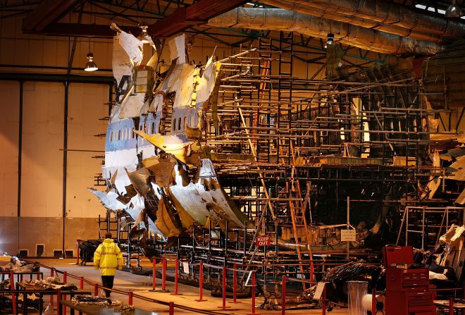 The reconstructed remains of Pan Am Flight 103 lie in a warehouse in Farnborough, England, on January 15, 2008.