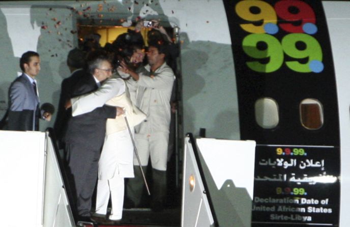 Al Megrahi gets a hug from Seif al-Islam el-Gadhafi, Moammar Gadhafi's son, after he was released from prison on August 20, 2009. Though he was given just months to live, al Megrahi died nearly three years later, on May 20, 2012.